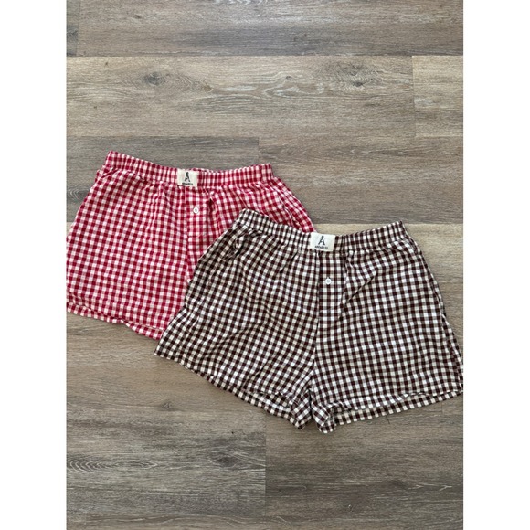 anrabess Pants - Anrabess Womens Gingham Shorts Set 2 Red Brown Checkered Rayon Small